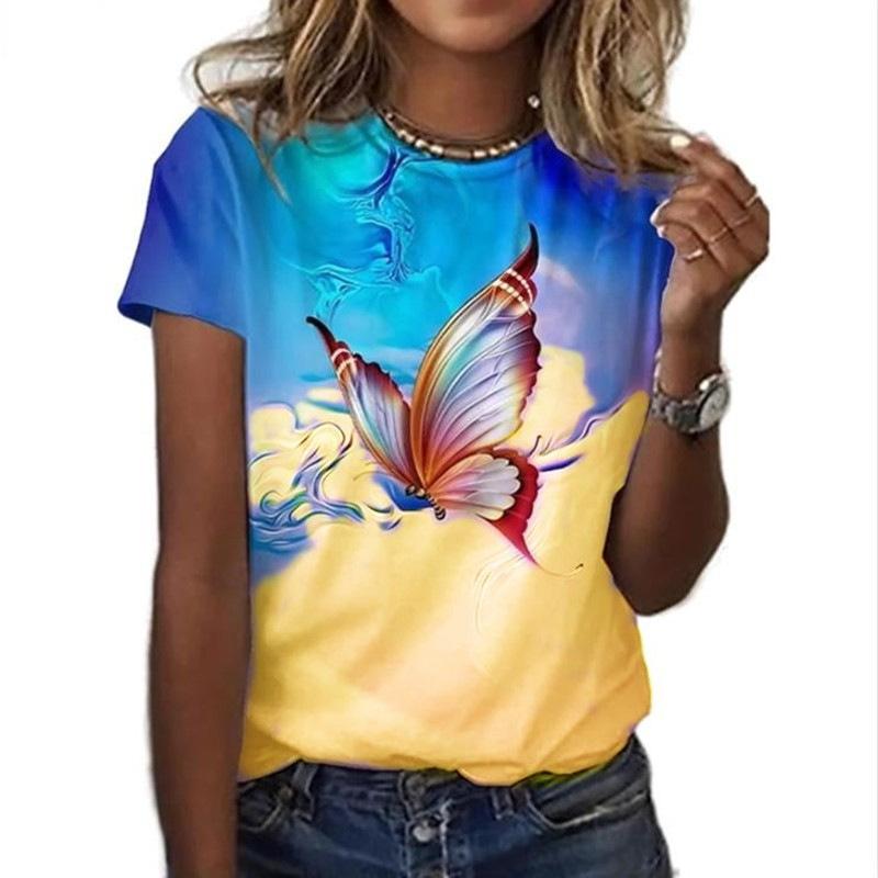 Letnia modna bluzka damska T-shirty 3D z nadrukiem motyla T-shirt z krótkim rękawem Casualowa koszulka Basic Oversize damska odzież