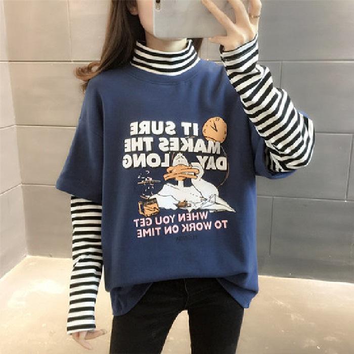 Women's Slim Fit Half-High Collar Two-Piece Effect Long-Sleeve T-Shirt - Autumn Style