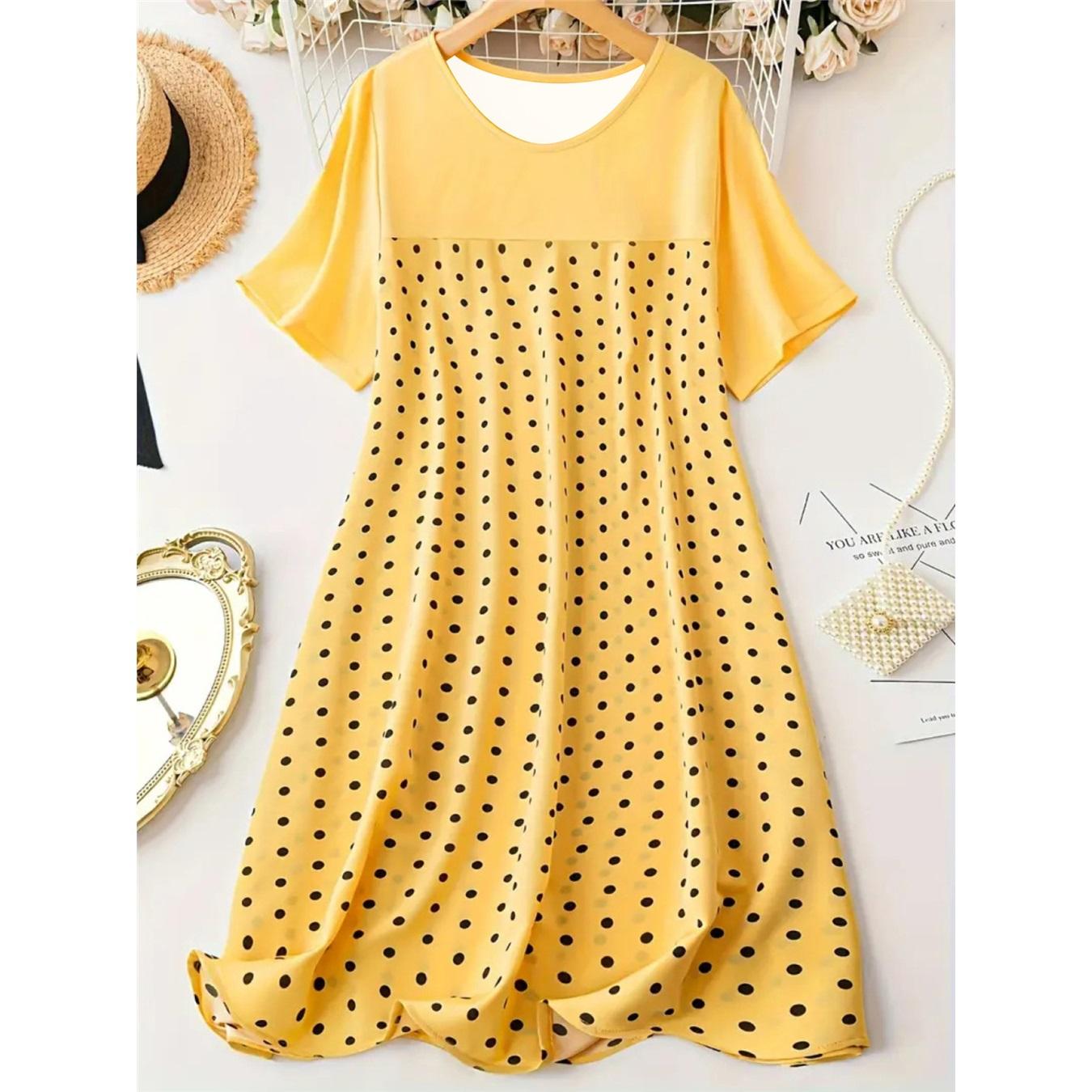 

Женское пижамное платье с короткими рукавами и круглым вырезом в горошек Удобное платье XXL жёлтый