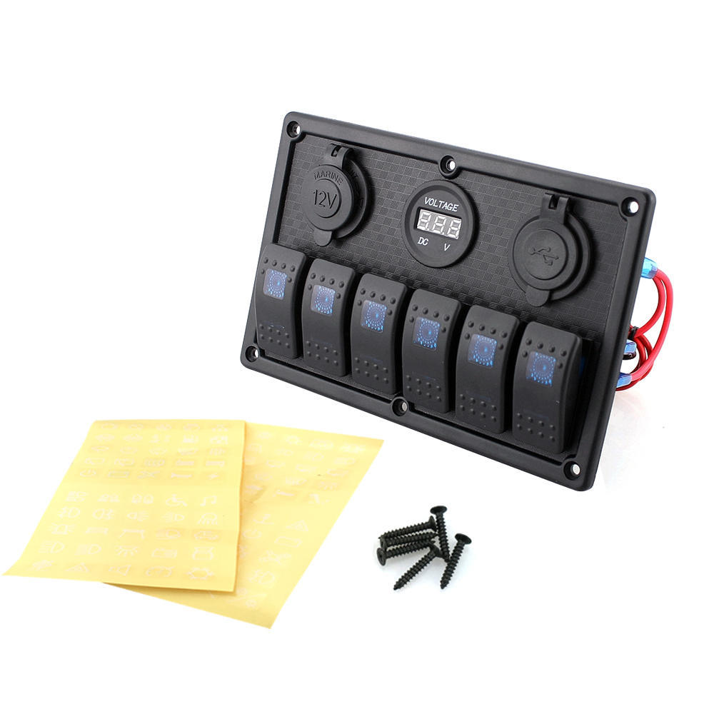 Gang Marine Boat Rocker Switch Panel With Fuse 3.1A Dual USB Slot Socket + Digital Voltage Display + Cigarette Lighter LED Light