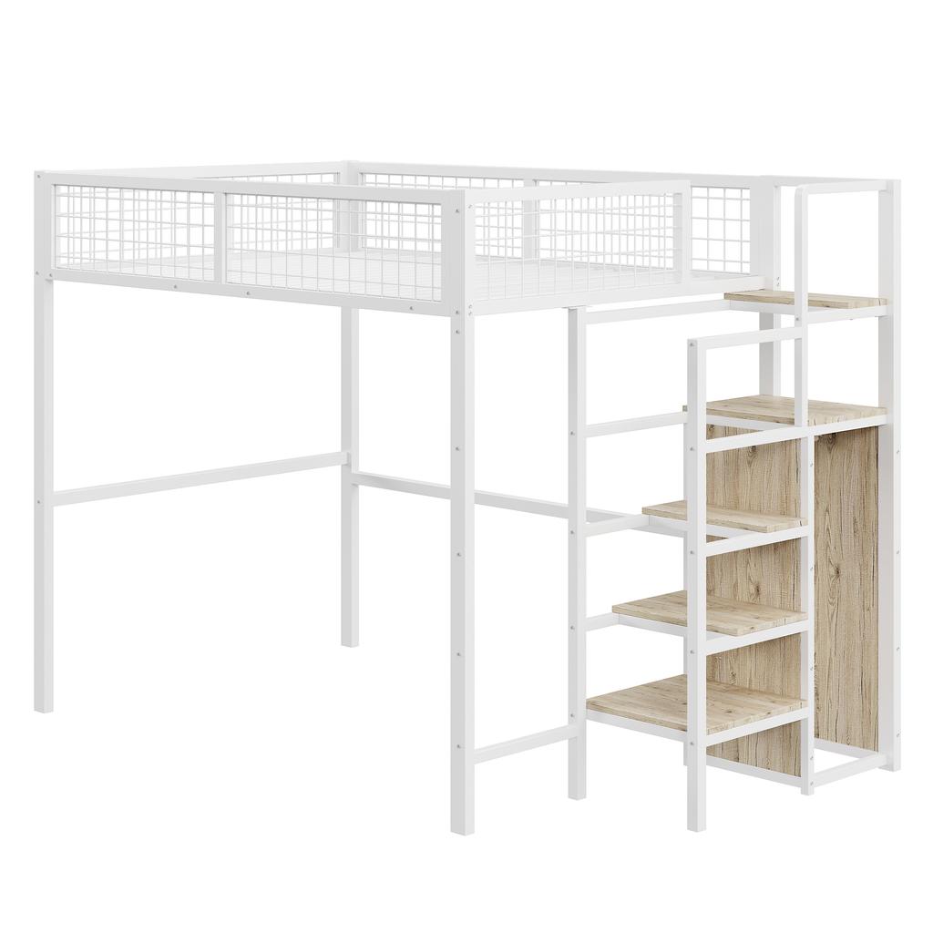 Loft bed 140*200 with ladder, children's bed with iron frame and storage shelf, wardrobe white (Old SKU LDB00198AAK)