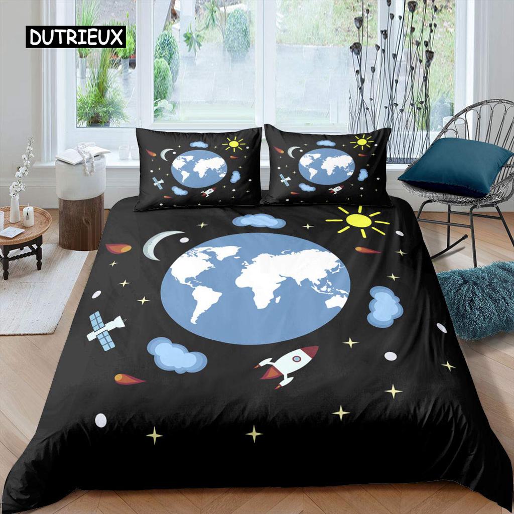 Zestaw poszwy na kołdrę Rocket Rozmiar King Zestaw pościeli Kosmiczny statek Podwójny Mikrofibra Kosmos Galaktyka Gwiazdy Planeta Kreskówkowy styl Poszwa na kołdrę