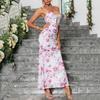 Mesh printing suspender dress, European and American sexy hollowed-out backless hip-wrapped fishtail knitted dress