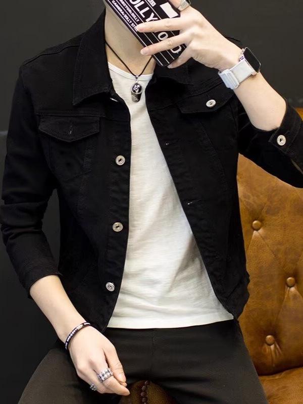 2025 Men's Trendy Slim Fit Denim Jacket - Spring/Autumn Solid Color Casual Top