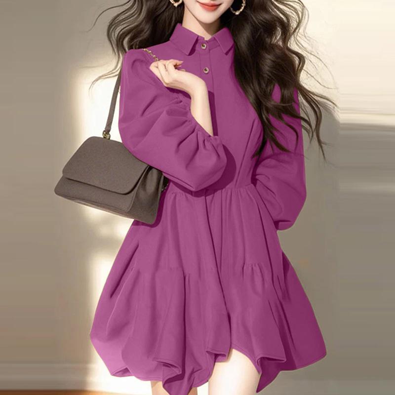 ZANZEA Damen Lässig Umlegekragen Elegant Langarm Kleid