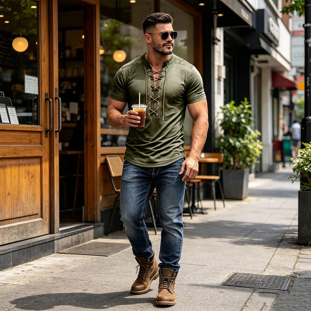 Men's Short Sleeve Shirt Vintage V-Neck Lace-Up Casual Color Summer Top