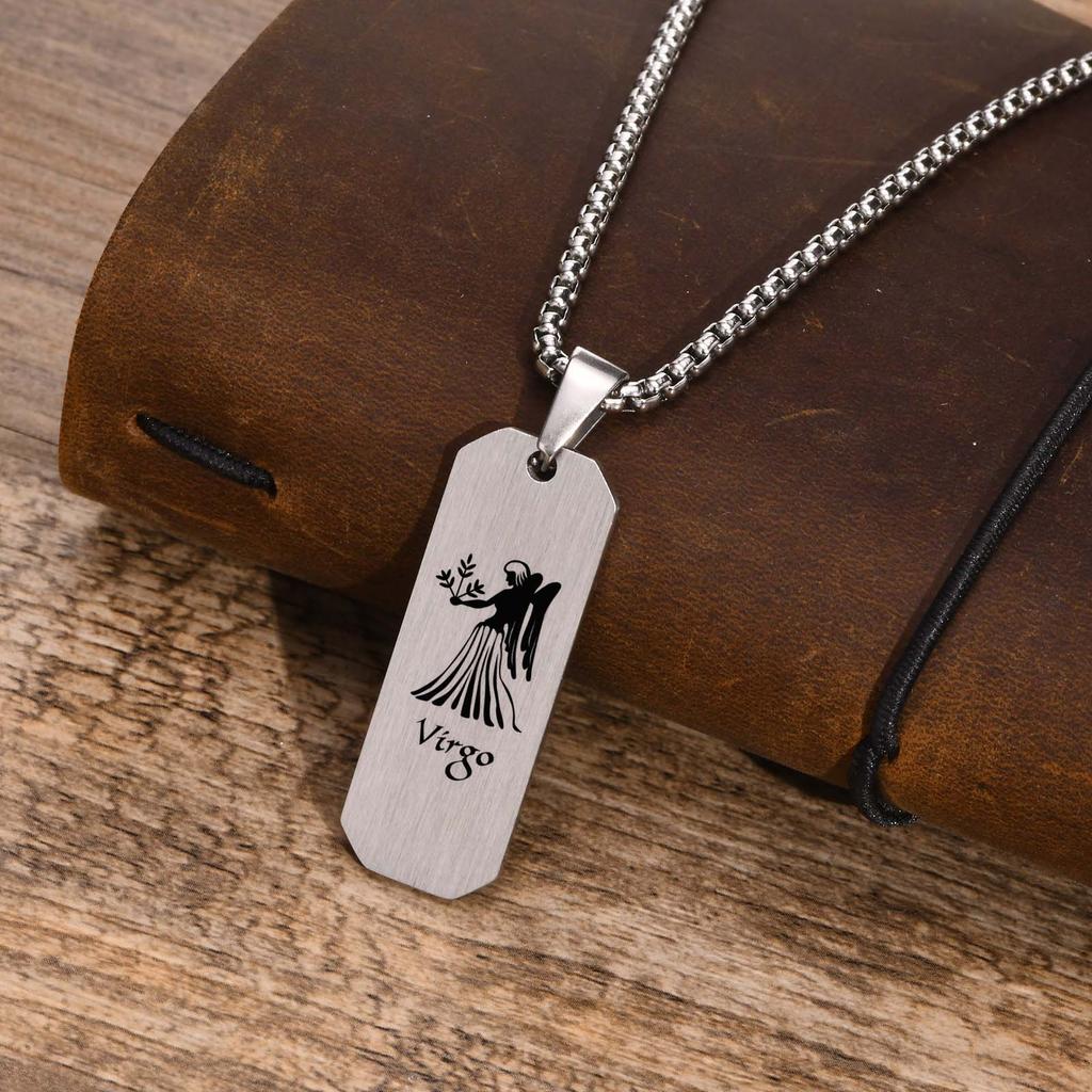 Free Personalized Custom 12 Zodiac Constellation Horoscope Sign Bar Necklaces for Men,Waterproof Stainless Steel Pendant Collar