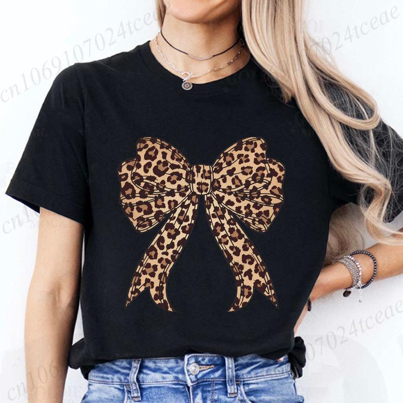 Coquette Bow Leopard Pattern Print TShirts Casual Summer Womens Short Sleeve TShirt Women Clothing Vintage Clothes Y2k Top