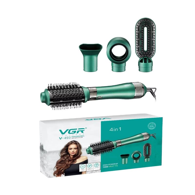 

VGR V-493 Hot Air Brush - Multipurpose Blow Dryer Brush with Interchangeable Heads Heated Round Brush for Curling or Straightening Volumi Hair Dryer зелёный