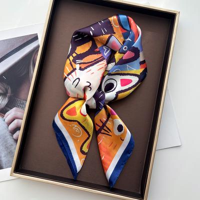 Foulard Quadrato di Lusso da Donna Elegante Hijab per Signore Morbido Macchia Foulard Bandane Stampa Gatto Cartone Animato Foulard in Finta Seta Sciarpa