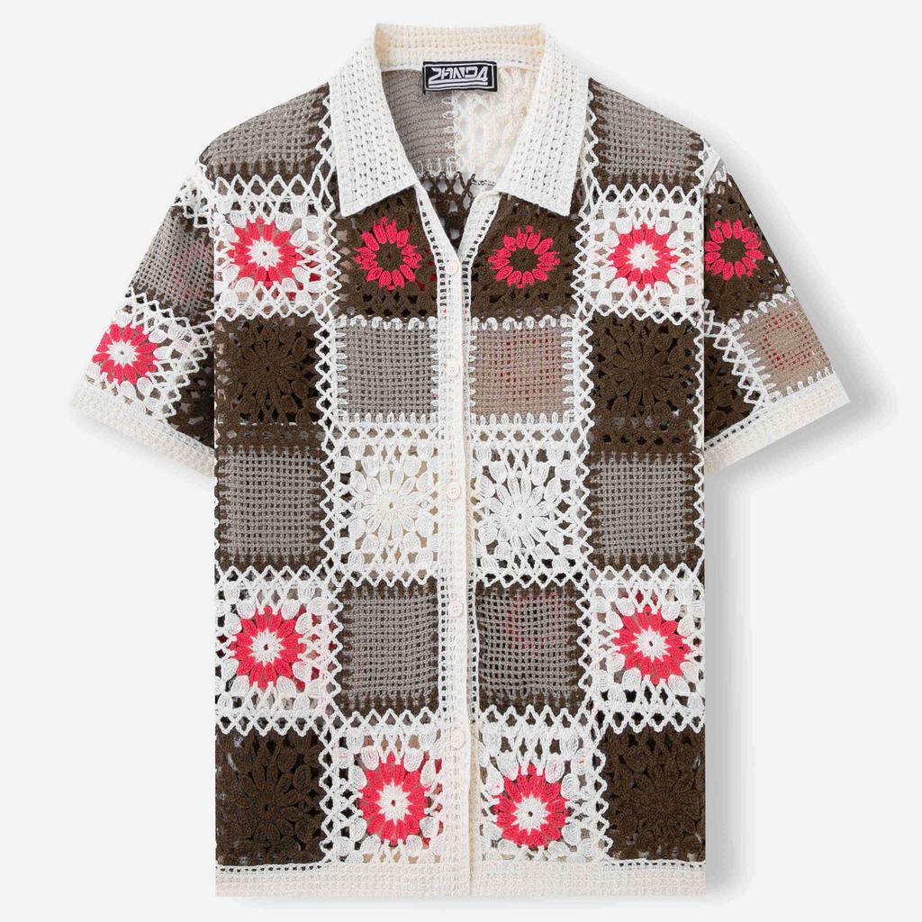 Men's Short Sleeve Knit Shirt Casual Button Down Shirt Vintage Knitted Golf Beach Collared Shirts Tops Crochet Hollow Out Summer Vacation Top for Male