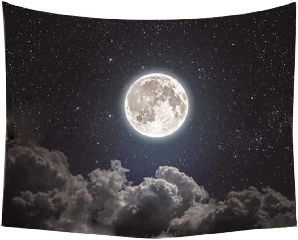 SROOD Moon Stars Wall Tapestry Outer Space Galaxy Universe Starry Night Sky and White Cloud Dark Blue Psychedelic Art Decor Wall Hanging for Dorm Livi