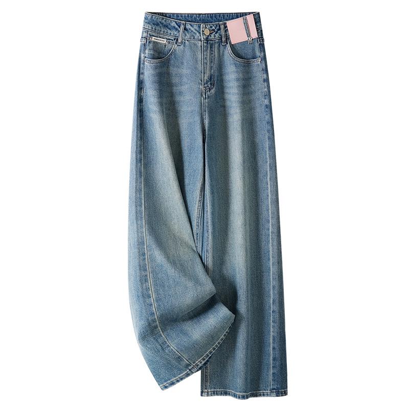 

Женские джинсы с высокой талией, светлой стирки, прямого кроя - Американский ретро, прилегающие, свободные широкие штанины для весны/лета 2025 XL синий