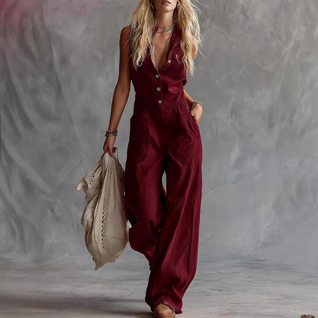 Dámský módní overal s výstřihem do V a stažením v pase, široké nohavice