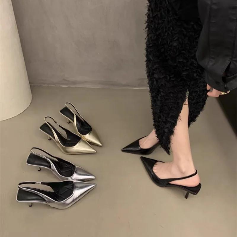 2024 Summer Silver Heels Pointed Toe Women Pumps Fashion Slip On Slingbacks Shoes Ladies Sexy Heel Party Dress Sandalias