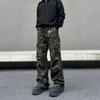 American Retro Pleated Multi-pocket Camouflage Overalls Men's Design Sense Thin Straight Micro-horn Jeans