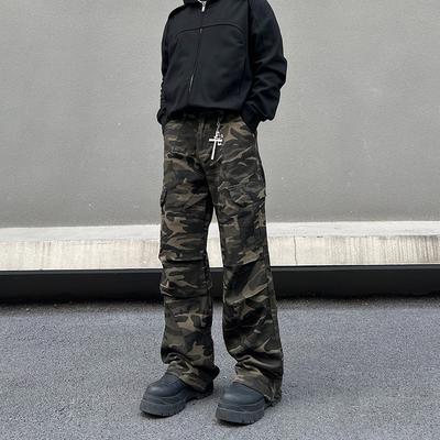 American Retro Pleated Multi-pocket Camouflage Overalls Men's Design Sense Thin Straight Micro-horn Jeans