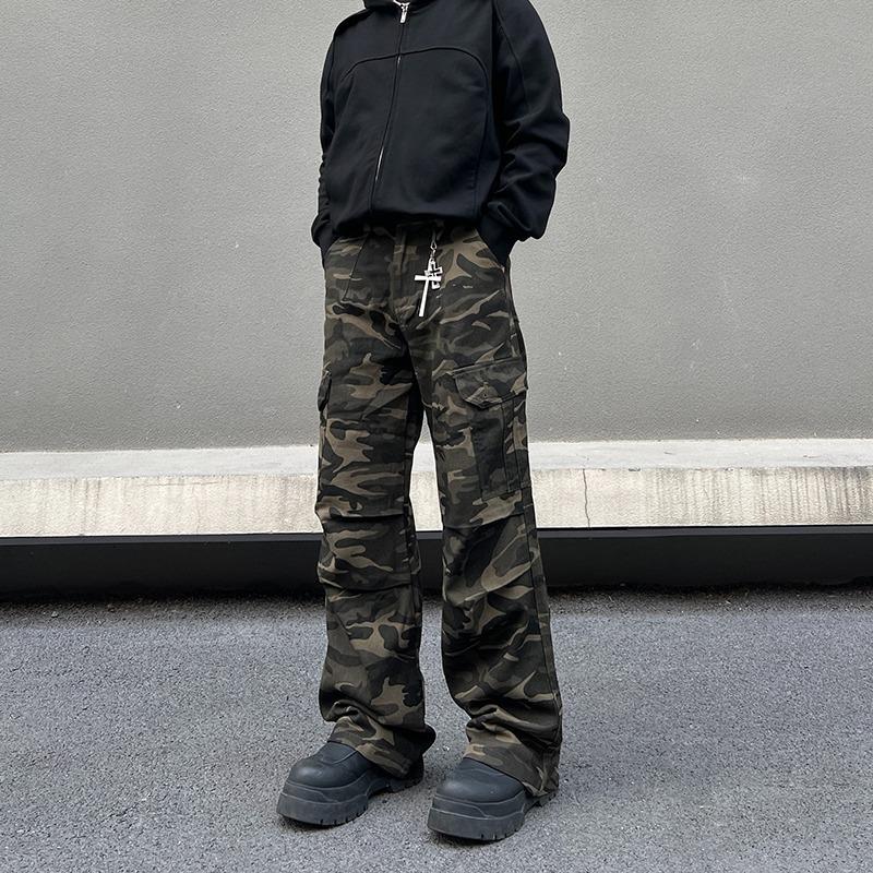 American Retro Pleated Multi-pocket Camouflage Overalls Men's Design Sense Thin Straight Micro-horn Jeans