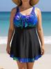 Grote Maat Europees-Amerikaanse Tankini Zwemrok Set - Blauwgroene Bladprint