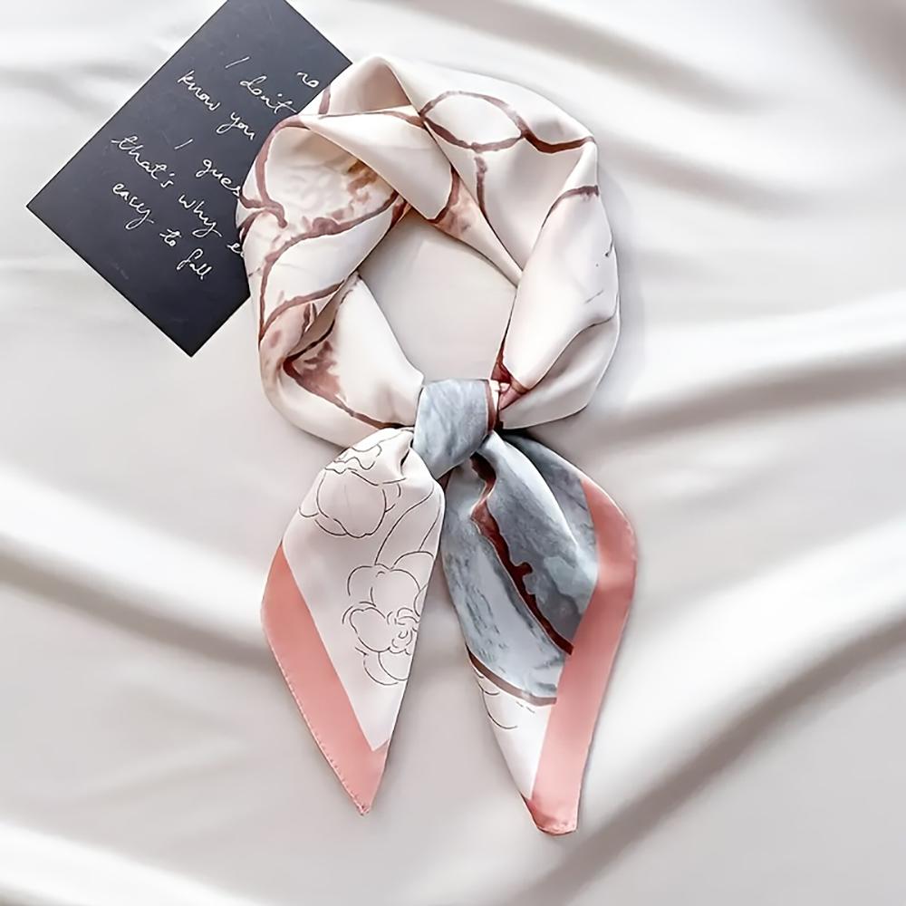 

27.5 Flower Print Square Scarf Simulated Silk Thin Smooth Neck Scarf Elegant Style Sunscreen Head Wrap For Women 70x70cm
