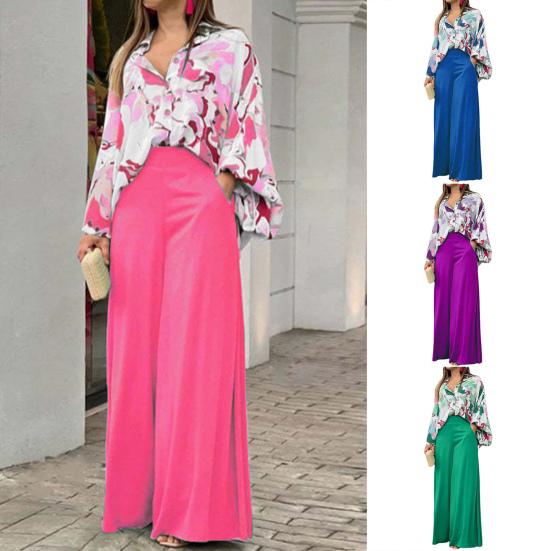 

Женская блузка и брюки, комплект из 2 шт./компл., однотонные брюки с длинным рукавом, высокой талией, широкими штанинами и глубоким промежутком, летние топы, брюки, костюм, офисная одежда 2XL синий