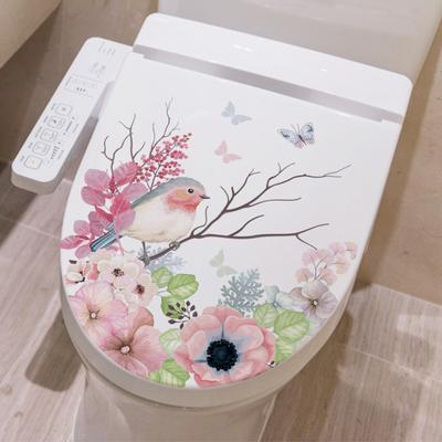 Autocollant de couvercle de toilette imperméable, autocollant mural décoratif créatif à motif d'oiseaux et de fleurs pour la salle de bain de la maison