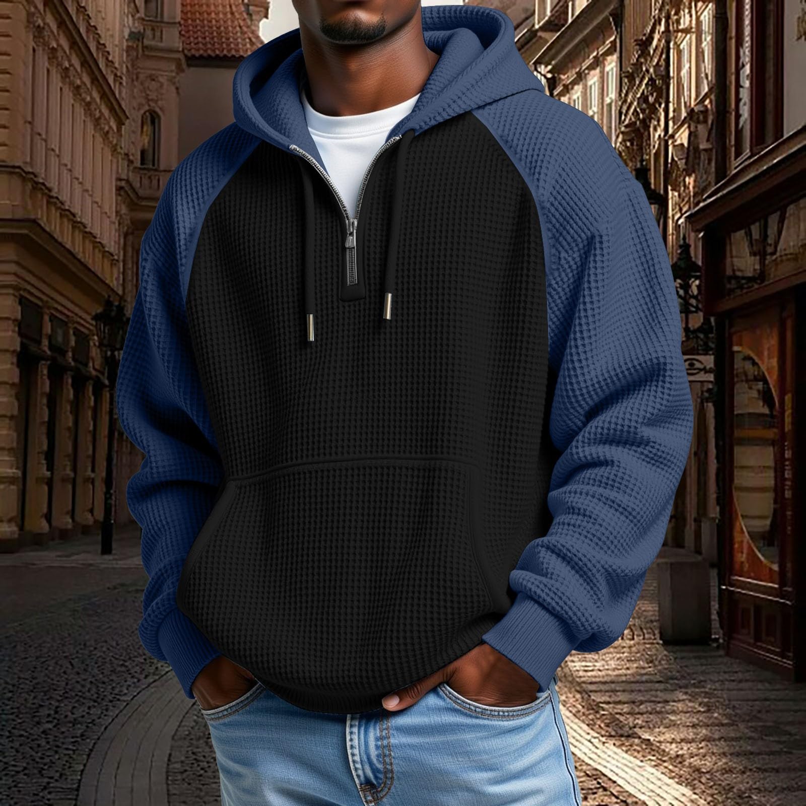 

Мужские худи пуловер QuarterCasaul с длинным рукавом на шнурке, вязаная толстовка с капюшоном и карманом XL