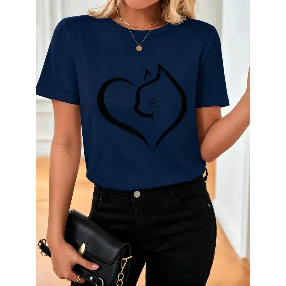 Women's Love Cat Printed Summer Leisure T-shirt Comfortable Soft Simple Fashion Women's Short Sleeve Cotton T-shirt