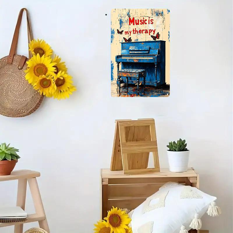 1PC 2D flat retro blue piano iron painting plaque music theme wall decoration living room study bedroom art pendant butterfly el