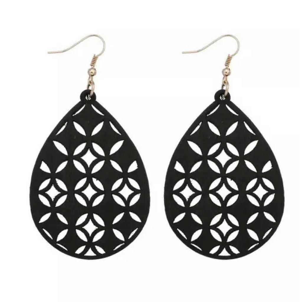 RSAMD Wood Hollow Teardrop Wooden Statement Earring for Women Fashion Jewelry-Burgundy