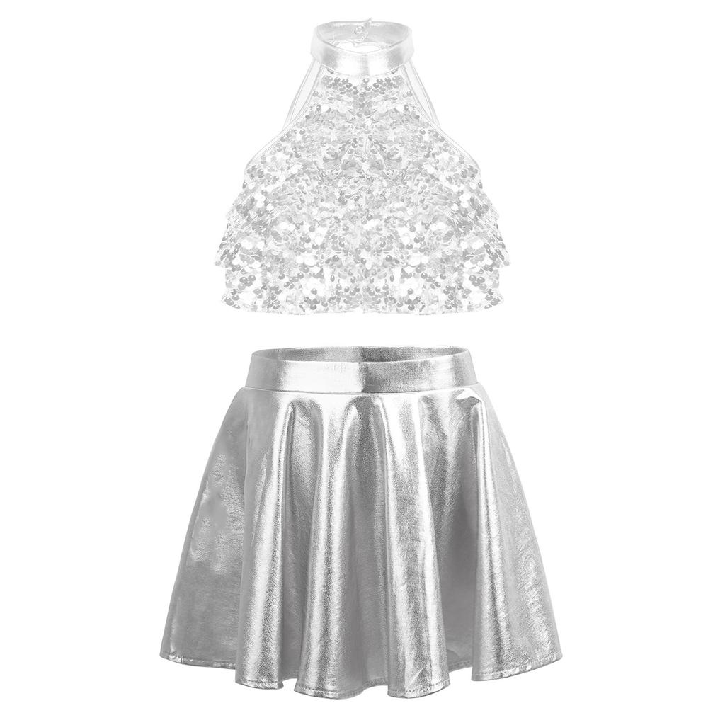 Mädchen Glitzerndes Pailletten Mock-Neck Ärmelloses Crop Top Metallischer Rüschen-Mehrlagenrock Tanzauftritt Outfit