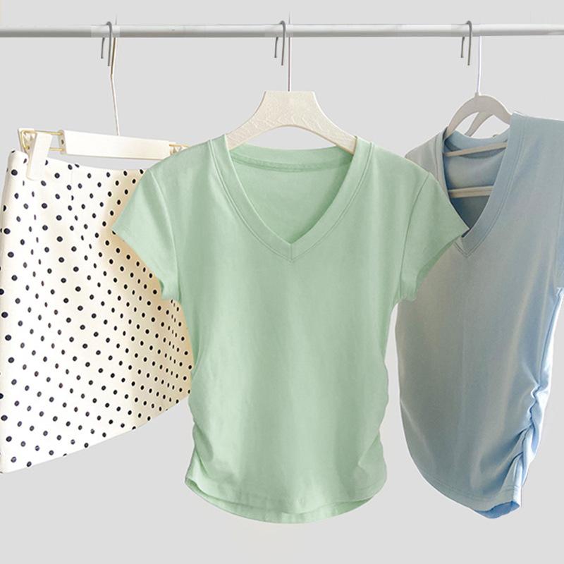 

V-neck T-shirt Short-sleeved Women s Summer New Slim Half-sleeved American Underwear Top French Waist-pinching Casual and Versatile S