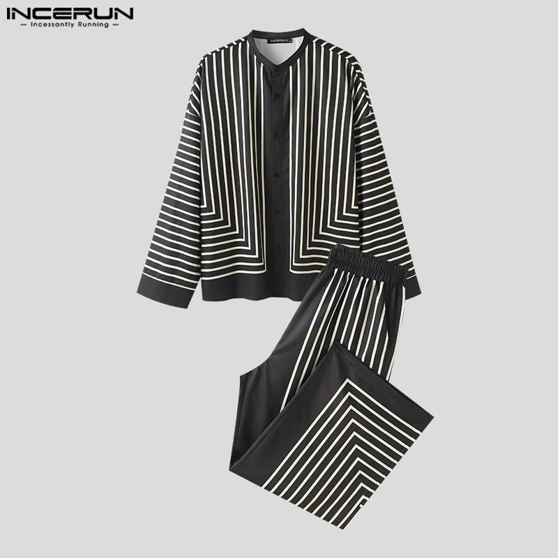 INCERUN Two Piece Suit Men Long Sleeve Casual Baggy Striped Tops And Long Pants Homewear