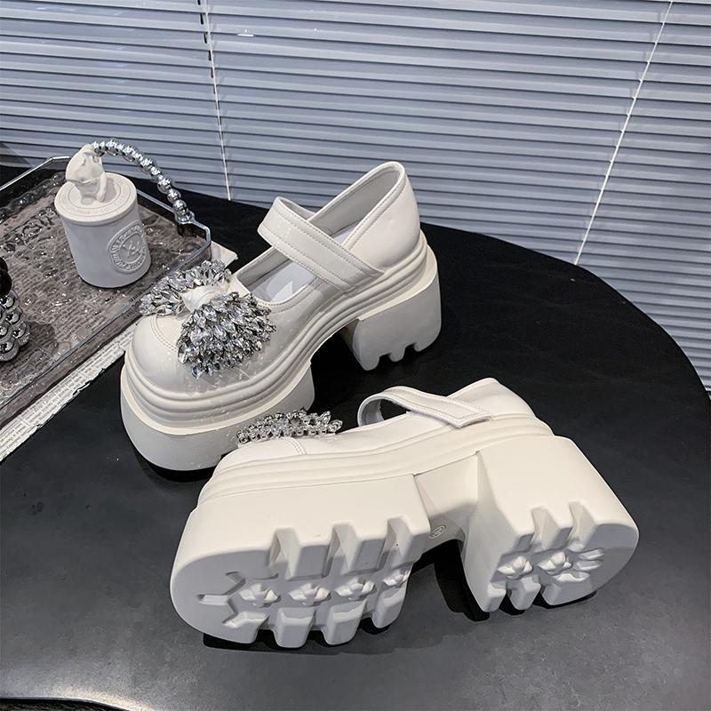 Fashion 10cm New Microfiber Leather Designer Platform Wedge Round Toe Pumps Crystal Flats Hook Women Fashion Mary Jane Loafer Shoes