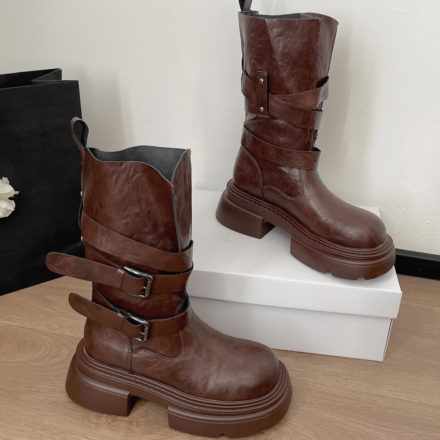 

Black retro British style thick-soled thick-heeled Martin boots women s 2025 new autumn height-increasing and thin medium boots 40 коричневый