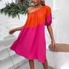 Spring Summer Women Seaside Vacation Loose Short Single Sleeve Dresses High Waist Color Block Slanted Shoulder Mid Length Dress S-XL