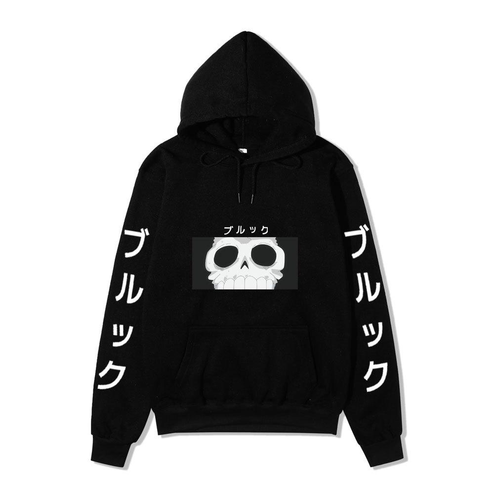 One Piece Blackbeard Hoodie, Skull Print Long Sleeve Pullover Hooded Sweatshirt Anime Streetwear With Sleeve Japanese Letter Print