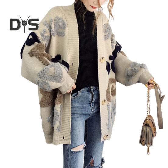 

Осень-зима женский свитер пальто с буквенным узором подходящего цвета свободный толстый вязаный однобортный кардиган средней длины с длинными рукавами женский уютный свитер хаки