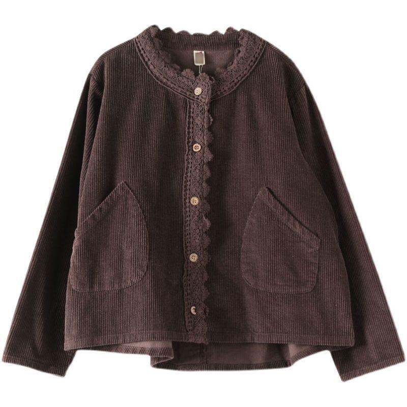 Giacca da Donna Larga Letteraria a Maniche Lunghe Girocollo Primavera Monocolore Velluto a Coste Pizzo All-match Corta Cuciture
