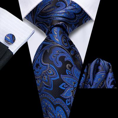 Dark Blue Flowers Jacquard Paisley Tie Set Mens Silk Necktie Pocket Square Cufflinks Party
