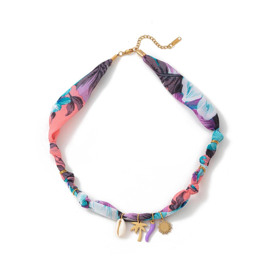Colorful Marine Life Necklace with Shell Pendants & Silk Scarf - Gold Plated, European & American Beach Series