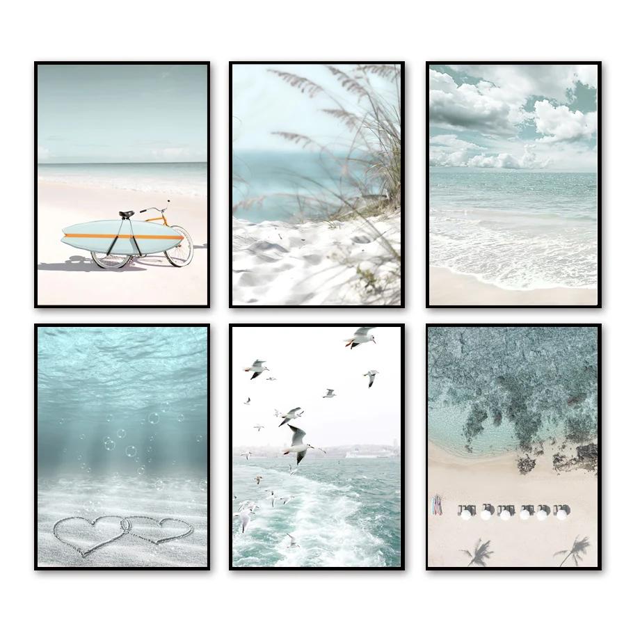 Canvas Painting Nordic Landscape Sea Beach Bike Palm Reed Sea Poster Print Wall Art Pictures For Living Room Home Decor