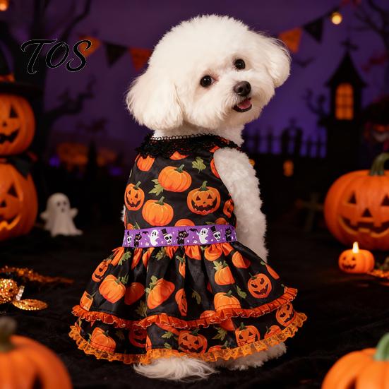 Soft Dog Clothing Halloween Pumpkin Dress, Black Lace Neck Outfit, Ruffled Festive Costume Autumn Pet Party for Small Dogs Holiday Dress