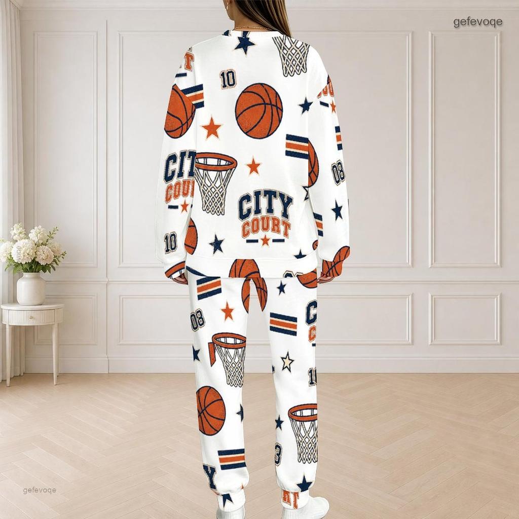 Women Plus Size Bicycle Printed Round Neck Long Sleeve Top And Long Pants Two Piece Set