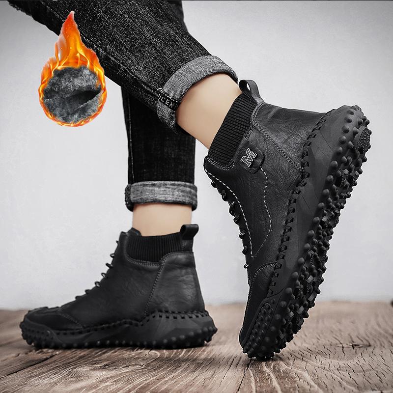 Mens Classic Winter Men's Boots Real Leather Plush Warm Men's Snow Boots Waterproof Outdoor Roman Men Work Boots Men Motorcycle Boots