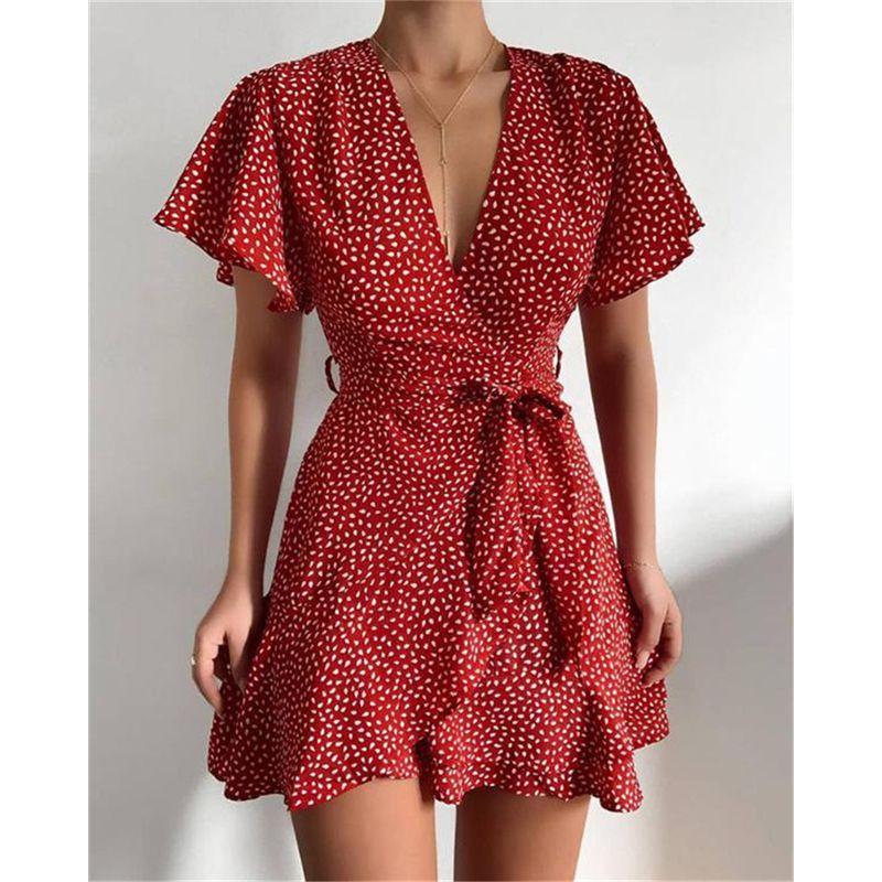 

Модное сексуальное платье с оборками и запахом, короткая юбка, женское сексуальное V-образное платье-мини с запахом и цветочным принтом Red XL