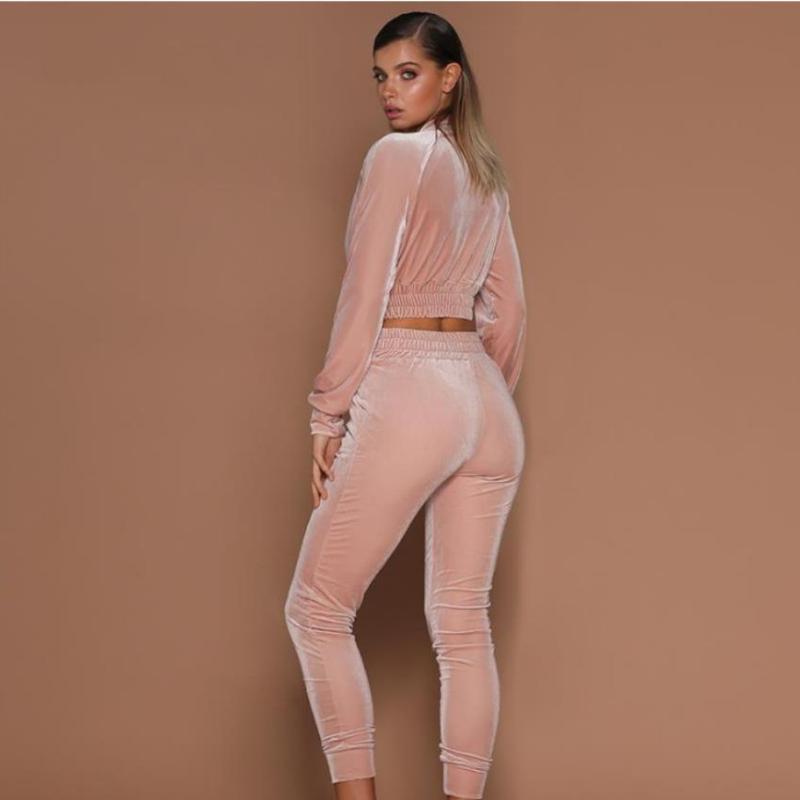Conjunto de dos piezas de terciopelo de moda urbana para mujer, pantalones casuales sólidos con cremallera y cuello redondo, trajes de pantalón de 2 piezas para mujer, conjuntos de pantalones deportivos ajustados para mujer 25834