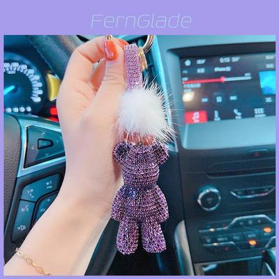 New Arrival Fur Full Diamond Violent Bear Car Keychain Crystal Rope Key Ring Bag Pendant Fashion Accessory