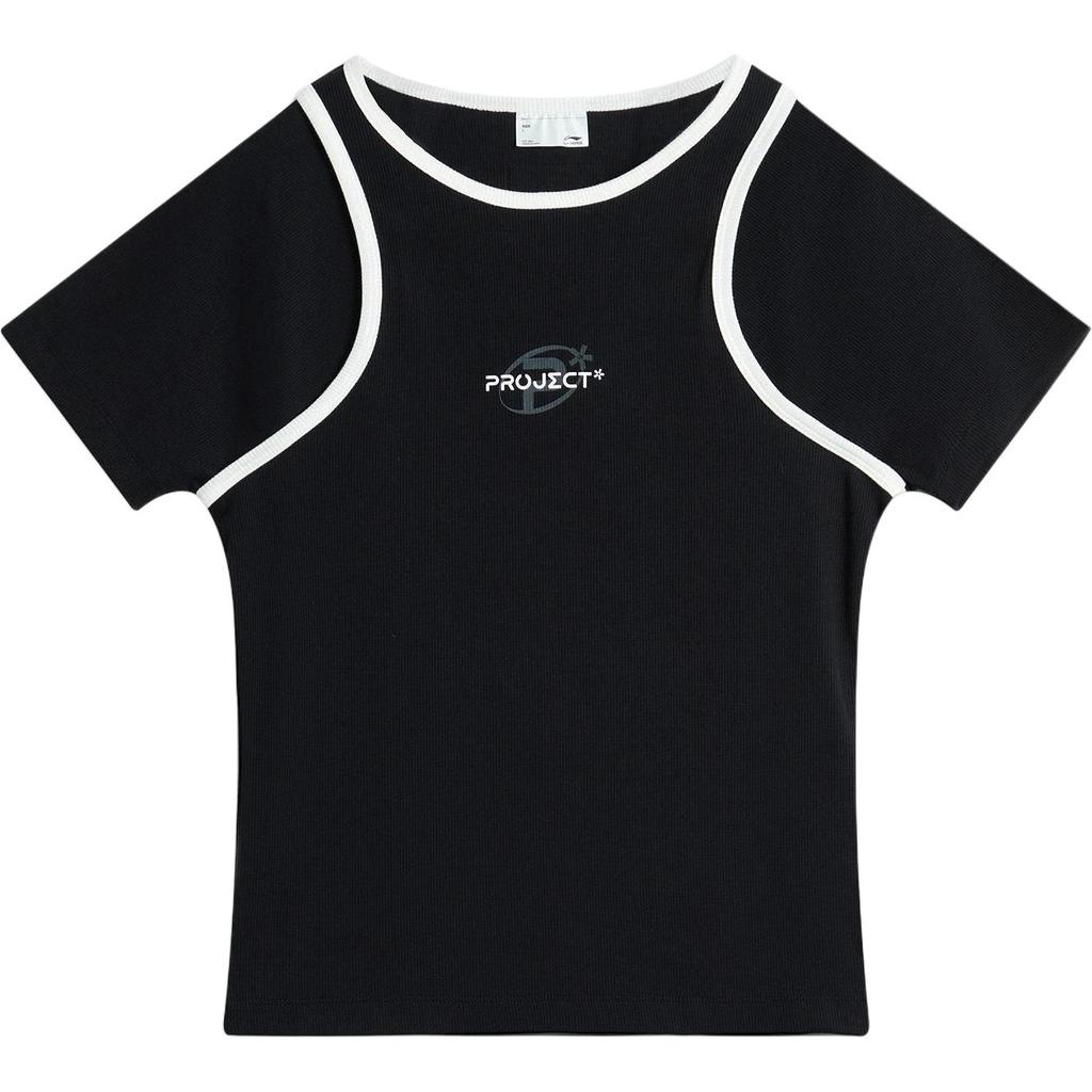Li-Ning Sports Trend Series Color Block Round Neck Comfortable Breathable Fitted Short Sleeve T-Shirt Women T-Shirts Black AHSU756-2