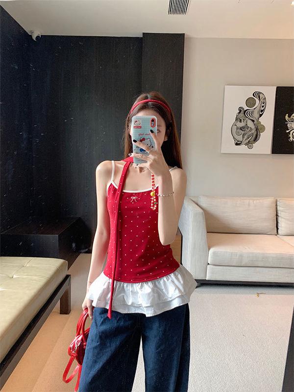 Korean Sweet & Spicy Polka Dot Red Camisole - Slimming & Versatile Summer 2026 Women's Top